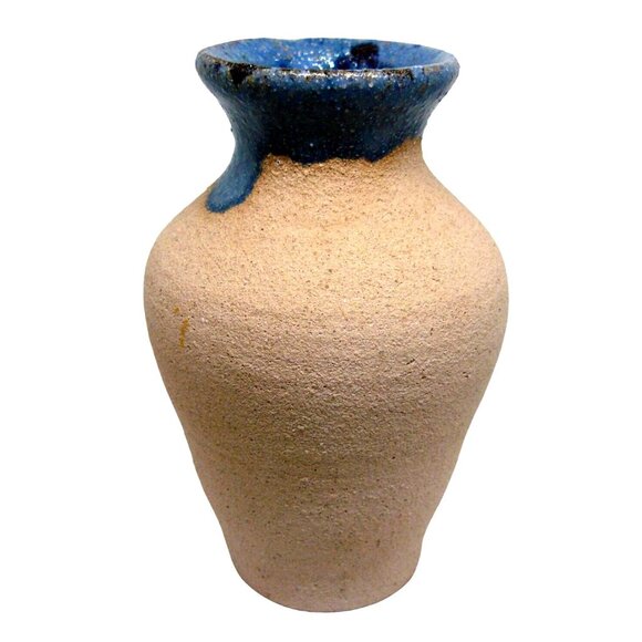 Handcrafted Jamaican Marblestone Vase with Blue Glaze Rim Engraved Palm Tree Vtg - Picture 3 of 5